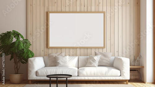 Blank framed photo hanging on wood interior wall, warm sunlight shining through