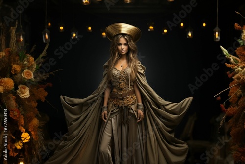 AI-generated illustration of a stunning young woman wearing a golden crown, a luxurious golden cloak photo