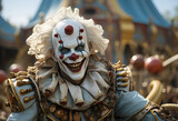 A clown with a big mouth and big white eyes and a blue face, clothes colored white with blue and in the background a huge carousel