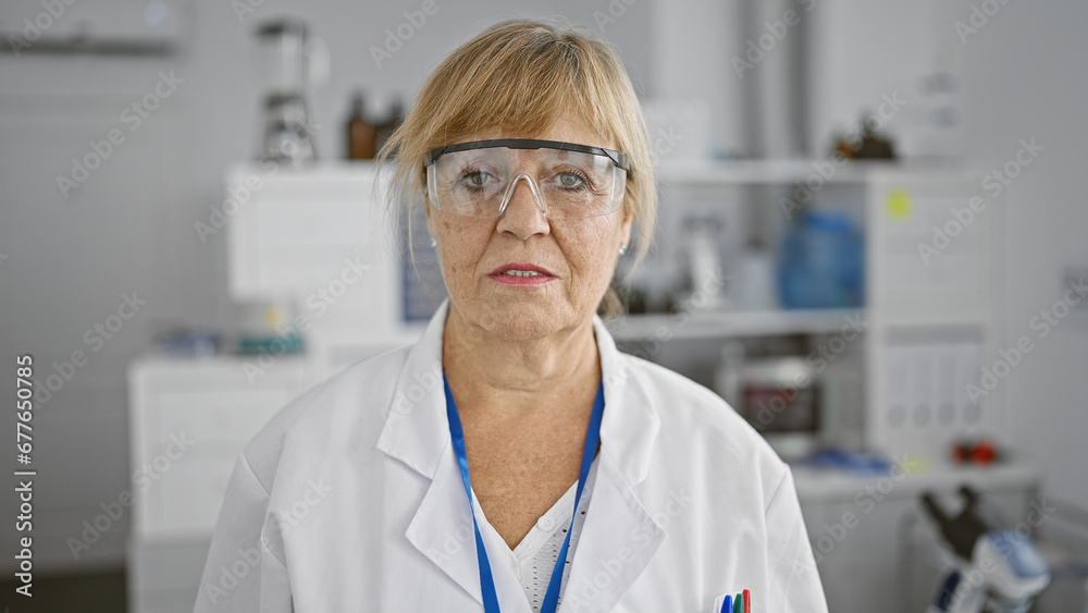 Serious-faced, mature, blonde scientist woman, locked in concentration at her lab table, engrossed in her cutting-edge medical research amid the hum of technology and the clink of test tubes. Serious-faced, mature, blonde scientist woman, locked in concentration at her lab table, engrossed in her cutting-edge medical research amid the hum of technology and the clink of test tubes.