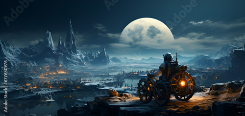 an astronaut driving a lunar rover vehicle on the moon surface in the space. earth planet seen in the background. futuristic autopilot robot technology. pc desktop wallpaper background.