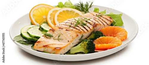 The white isolated background highlighted the vibrant colors of the healthy plate filled with a variety of green vegetables orange and lemon slices and a perfectly cooked fish showcasing th