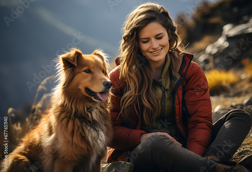 beautiful smile of tourist woman. she's traveling with dog. best friend mood. mountain and lake . morning background. © kdcreativeaivisions