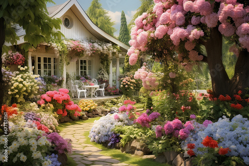 Beautiful green garden with flowers