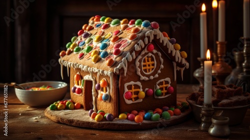 Gingerbread house with candy decorations AI generated illustration