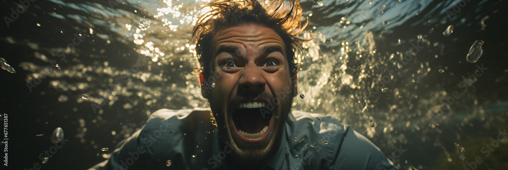 businessman diving underwater and screaming. It represents a metaphorical depiction of stress, frustration, or feeling overwhelmed in a business context, facing intense pressure  - obrazy, fototapety, plakaty 