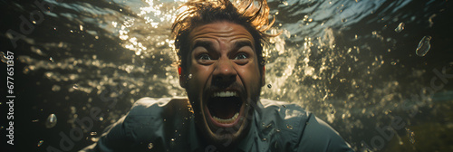 businessman diving underwater and screaming. It represents a metaphorical depiction of stress, frustration, or feeling overwhelmed in a business context, facing intense pressure  photo