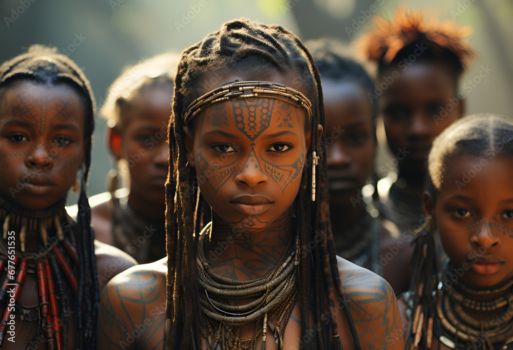 Candid Photo Of Young People And Kids From A African Tribe Half Naked