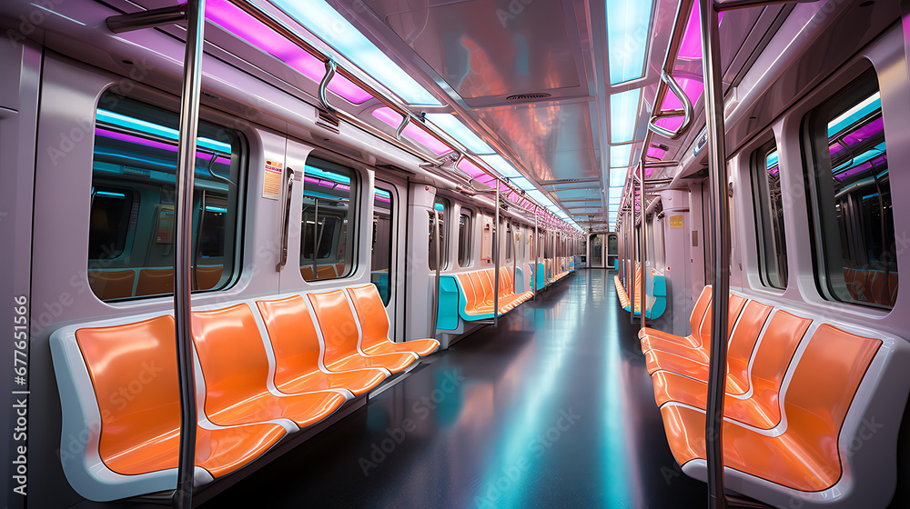 The empty interior of an underground train, in the style of light navy and yellow, bold color choices, environmental awareness, light orange and yellow.