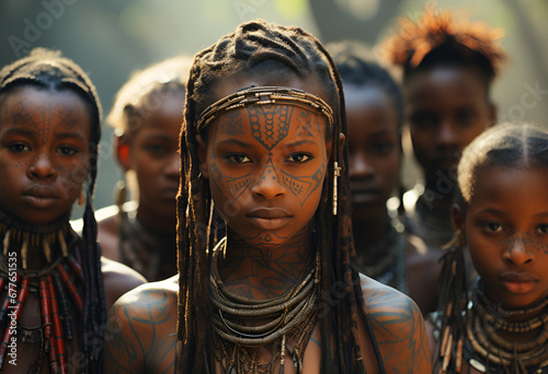 Candid photo of young people and kids from a african tribe half naked with cultural tattoos make-up, cosmetics and wooden stone spear weapon. ethnic groups of africa photo