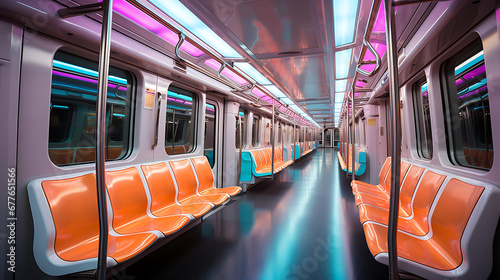The empty interior of an underground train, in the style of light navy and yellow, bold color choices, environmental awareness, light orange and yellow. photo