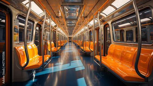 The empty interior of an underground train, in the style of light navy and yellow, bold color choices, environmental awareness, light orange and yellow. © LiezDesign