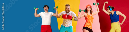 Young emotional people, men and women in sportswear training against multicolored background. Happiness and energy. Concept of sport, fitness, active and healthy lifestyle, emotions, youth © master1305