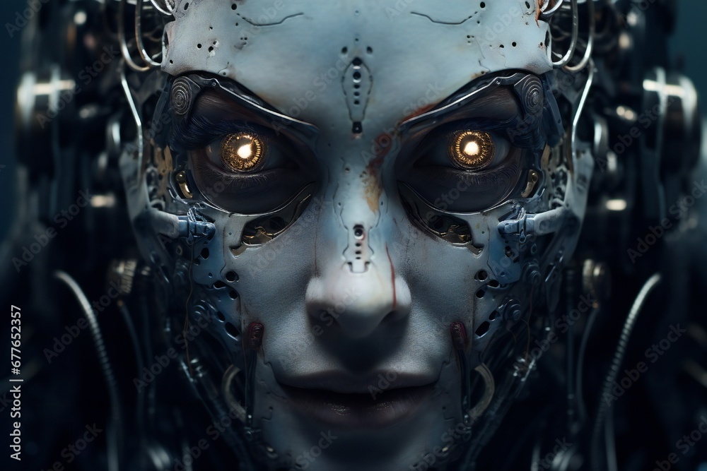 Scary cyborg face that will end the humanity, devil like, with empty copy space Generative AI 