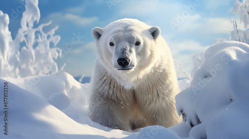 Close-up portrait of a polar bear on natural snowy background. Generative AI.