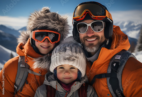 Family ski vacation. Group of young skiers in the Alps mountains. Mother and children skiing in winter. Parents teach kids alpine downhill skiing. Ski gear and eye wear, safe helmets