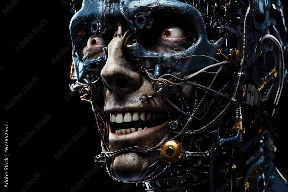 Scary cyborg face that will end the humanity, devil like, with empty copy space Generative AI Scary cyborg face that will end the humanity, devil like, with empty copy space Generative AI