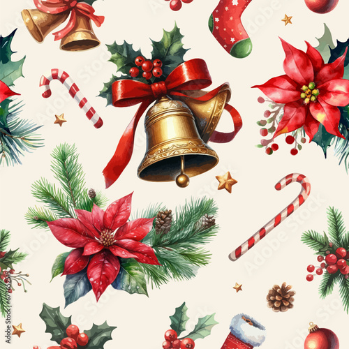 Watercolor seamless pattern with Christmas botanical plants, flowers and bells.