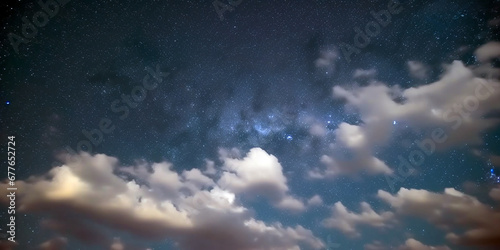 Night sky with clouds and stars. Blue sky  white clouds. Look up to the sky. Design created by Generative AI 