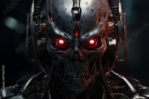 Scary cyborg face that will end the humanity, devil like, with empty copy space Generative AI 