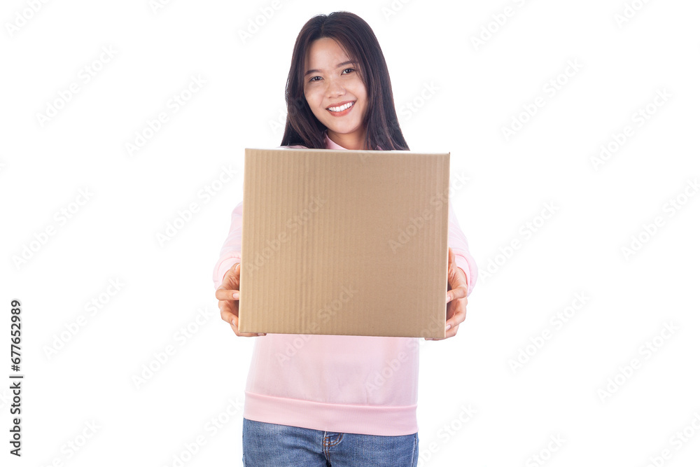 Young woman holding package parcel box isolated on white background Young woman holding package parcel box isolated on white background