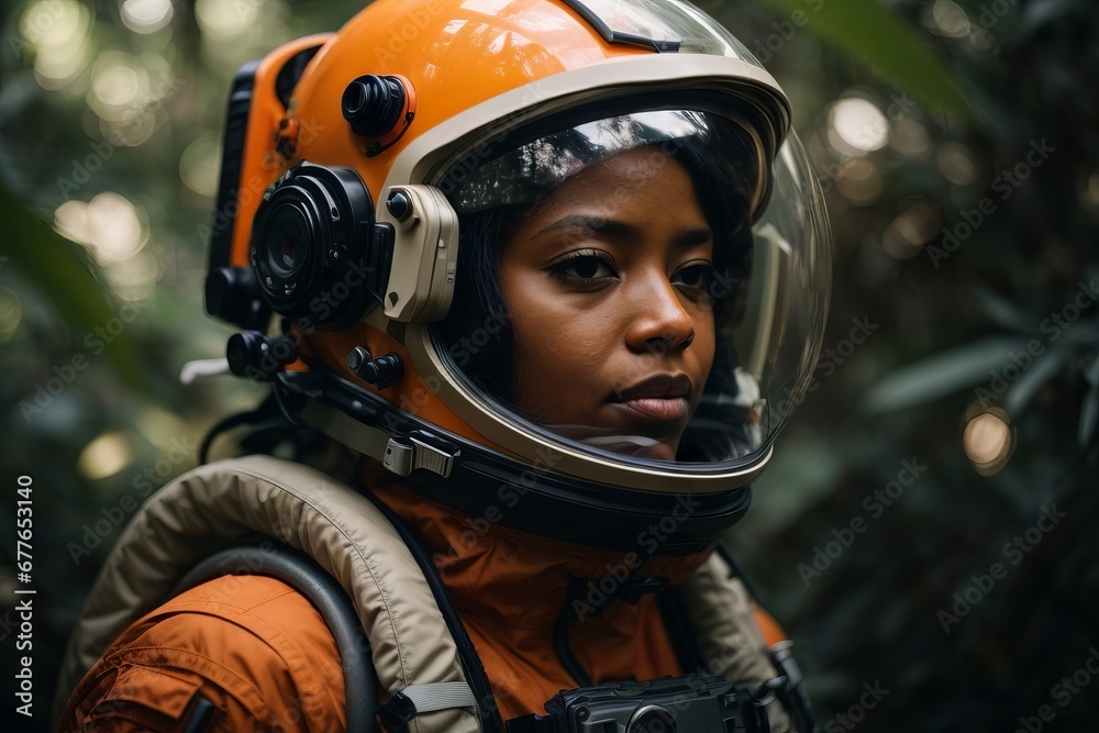 Close-up portrait of a beautiful African American woman wearing an orange spacesuit in a new green tropical planet with plants.