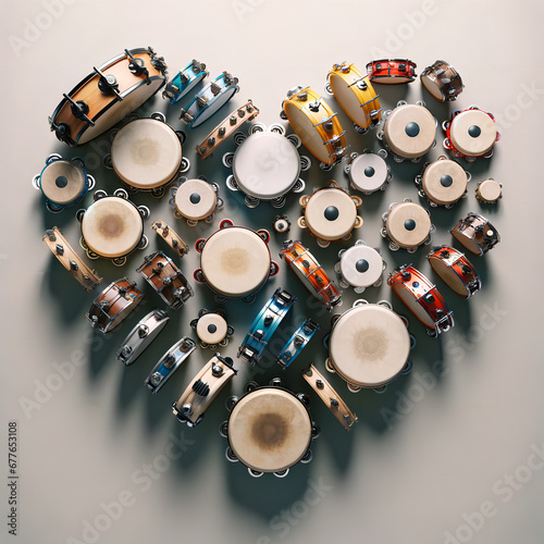 A photo-realistic display of tambourines arranged in a heart shap