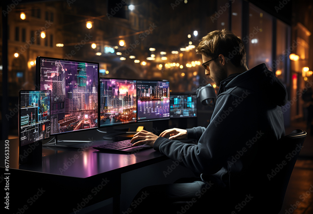 Man programmer and coding at night on laptop Man programmer and coding at night on laptop