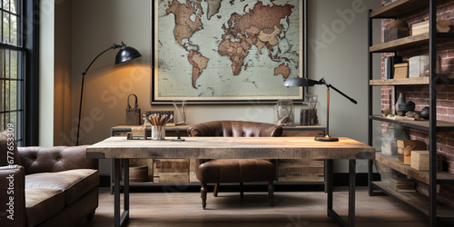 Industrial-style home office with a reclaimed wood desk Design and a bookshelf