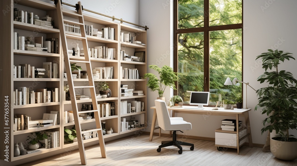 A minimal home office with view from window, wall-mounted desk, modern chair and a bookcase A minimal home office with view from window, wall-mounted desk, modern chair and a bookcase