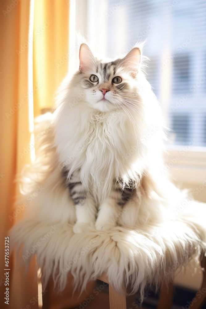Adult domestic cat sit on a chair in the living room. Creative cute wallpaper screensaver for phone screen. Portrait of a fluffy majestic long hair cat.