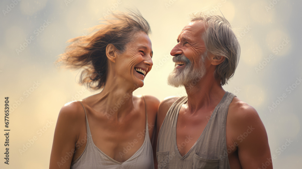 Happy elderly couple in love. Old man and wife with grey hair smiling, copy space. Creative concept of strong and happy marriage. Happy elderly couple in love. Old man and wife with grey hair smiling, copy space. Creative concept of strong and happy marriage.