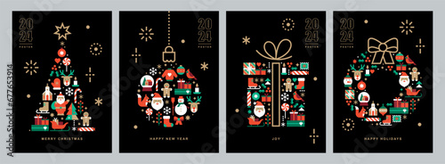 Set of poster templates with Christmas and New Year icons in abstract modern geometric flat style.Bauhaus design.Winter holidays.Seasons greetings.Vector illustration for card, packaging and web.