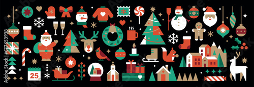 Set of Christmas and New Year icons. Background in abstract modern geometric flat style. Bauhaus design. Winter holidays. Seasons greetings. Vector illustration. Pattern for packaging and web.
