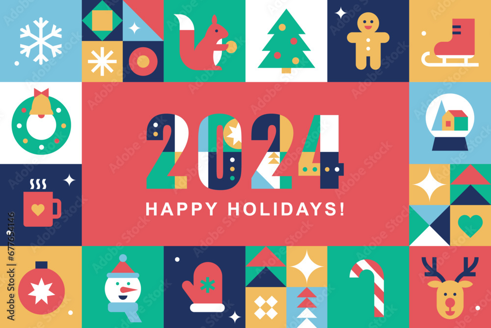 Merry Christmas and New Year poster. Winter holidays.Abstract modern geometric background.Seamless pattern.Set of icons in flat minimalist style.Vector illustration for card, packaging and web banner.