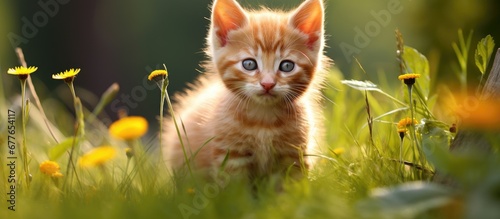 Fototapeta Naklejka Na Ścianę i Meble -  The young ginger tabby kitten with its cute brown fur and dirty paws roamed the streets embracing the beauty of nature and the freedom of outdoor life in the meadow embodying the essence of