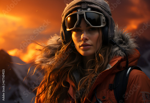 Portrait of Snowboarder s Journey through Sunset