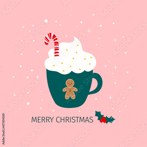 Cute Christmas card with a hot winter drink decorated with lollipop and whipped cream. Hand-drawn modern vector illustration in doodle style. Cute December greeting in Scandinavian style.
