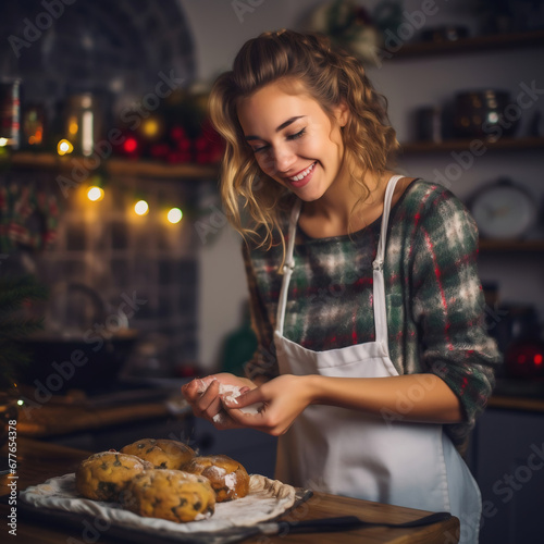 Beautiful young woman decorating gingerbread house at home. Christmas and New Year concept.