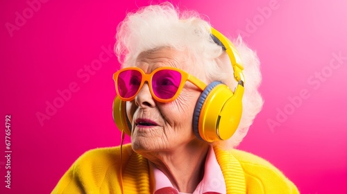 Studio Portrait of Eccentric Elderly Woman: Capturing the Joyful Moment as She Listens to Music on Headphones, Against a Vibrant Pink and Yellow Background.