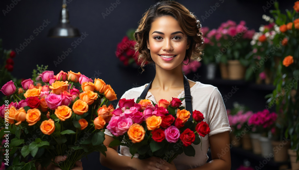 A pretty florist presents her flowers.