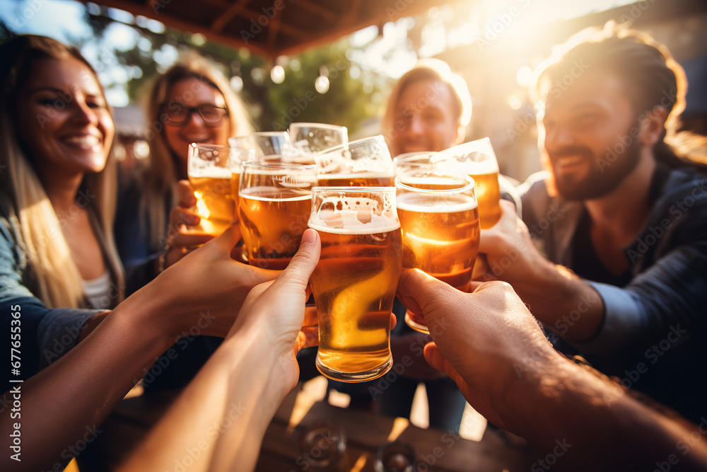 Grupo de personas bebiendo cerveza en el restaurante pub cervecería - Amigos felices disfrutando. Imagen de primer plano de vasos de cerveza - Concepto de estilo de vida. - obrazy, fototapety, plakaty 