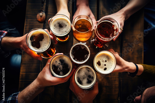 Grupo de personas bebiendo cerveza en el restaurante pub cervecería - Amigos felices disfrutando. Imagen de primer plano de vasos de cerveza - Concepto de estilo de vida. photo