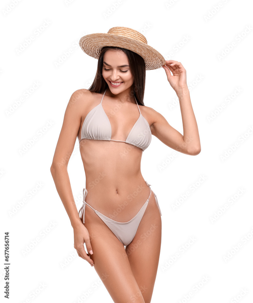 Young woman in stylish bikini isolated on white Young woman in stylish bikini isolated on white