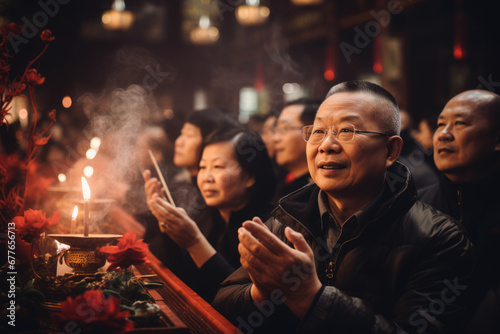 People engaging in prayer and rituals at Chinese temples during the New Year, capturing the spiritual and cultural aspects of the celebration.