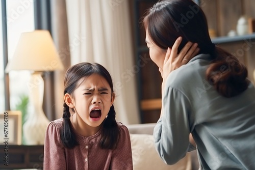 Stressed daughter is scolded by her mother at home