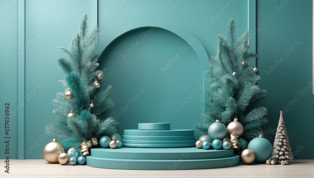 Background products minimal podium scene with Christmas decoration in turquoise color in cute style.