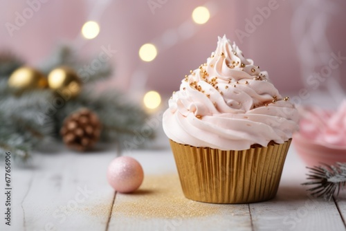 Christmas pink cupcake or muffin with pink whipped cream, golden sprinkles on bokeh background. Close up. Merry Christmas.