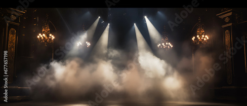 Dramatic empty stage, podium. Dark Scene with smoke, fog illuminated spotlights. Cinematic, theatre background, mockup. Generative ai