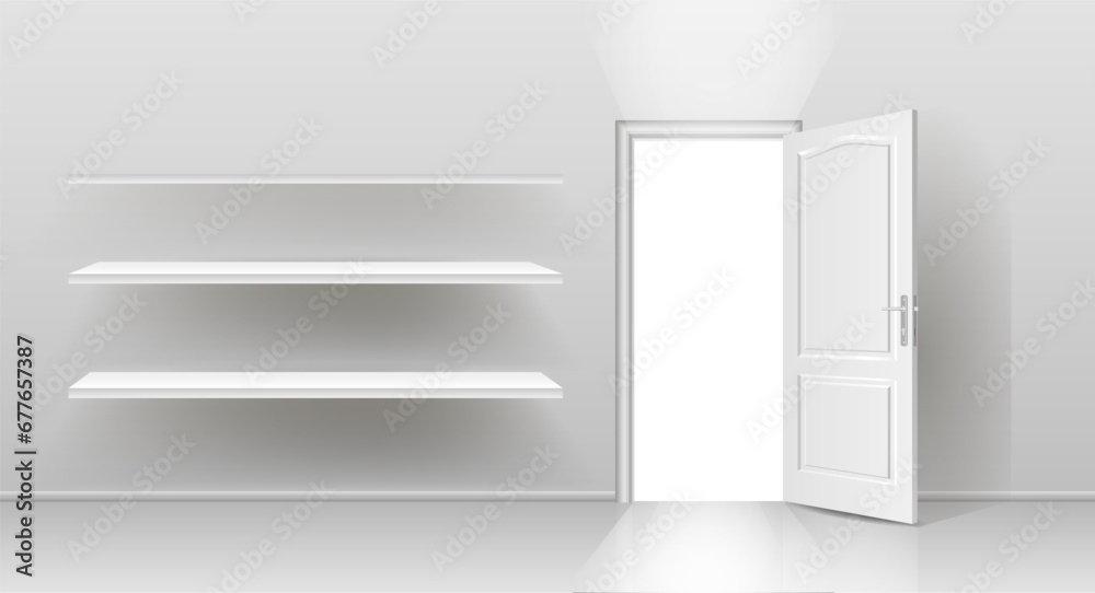 The interior of an empty room with shelves on a white wall and a door.
Free space for copying, 3d image. The interior of an empty room with shelves on a white wall and a door.
Free space for copying, 3d image.